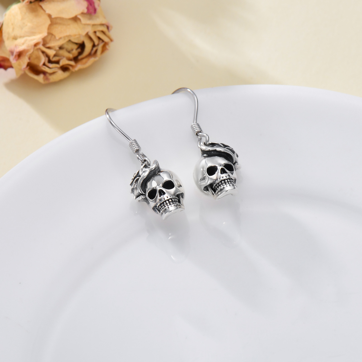 Sterling Silver Rose & Skull Drop Earrings-4