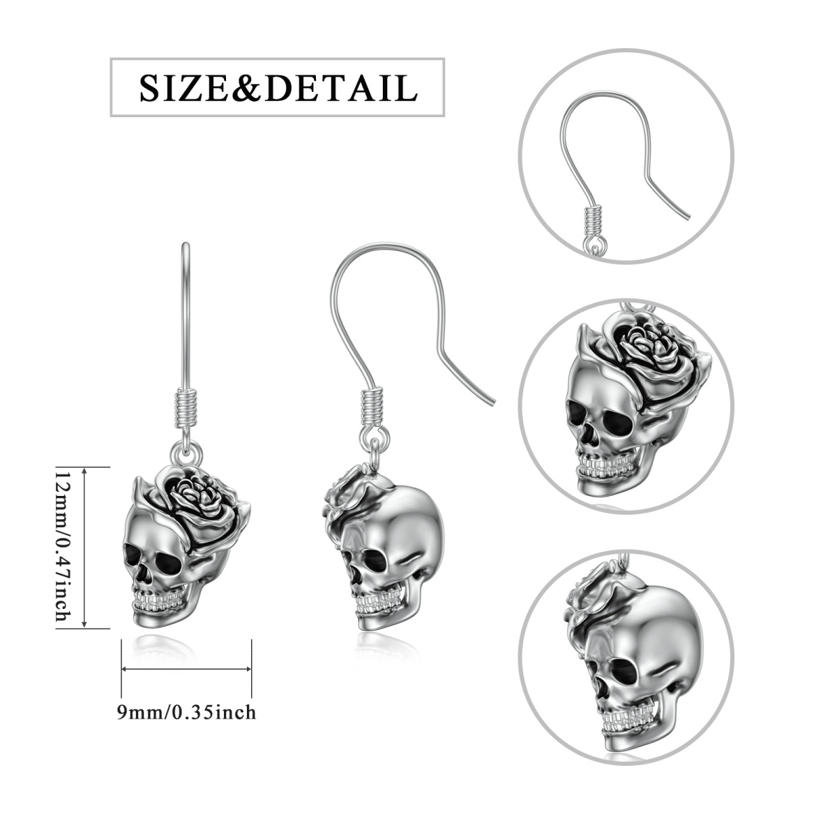 Boucles d'oreilles pendantes tête de mort en argent sterling-5