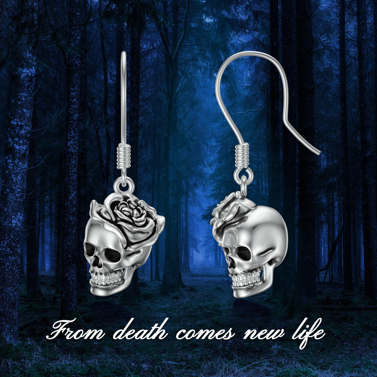 Sterling Silver Rose & Skull Drop Earrings-6