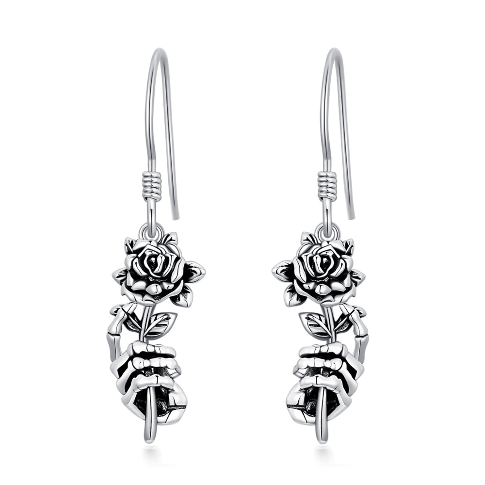 Sterling Silver Rose & Skull Drop Earrings-1