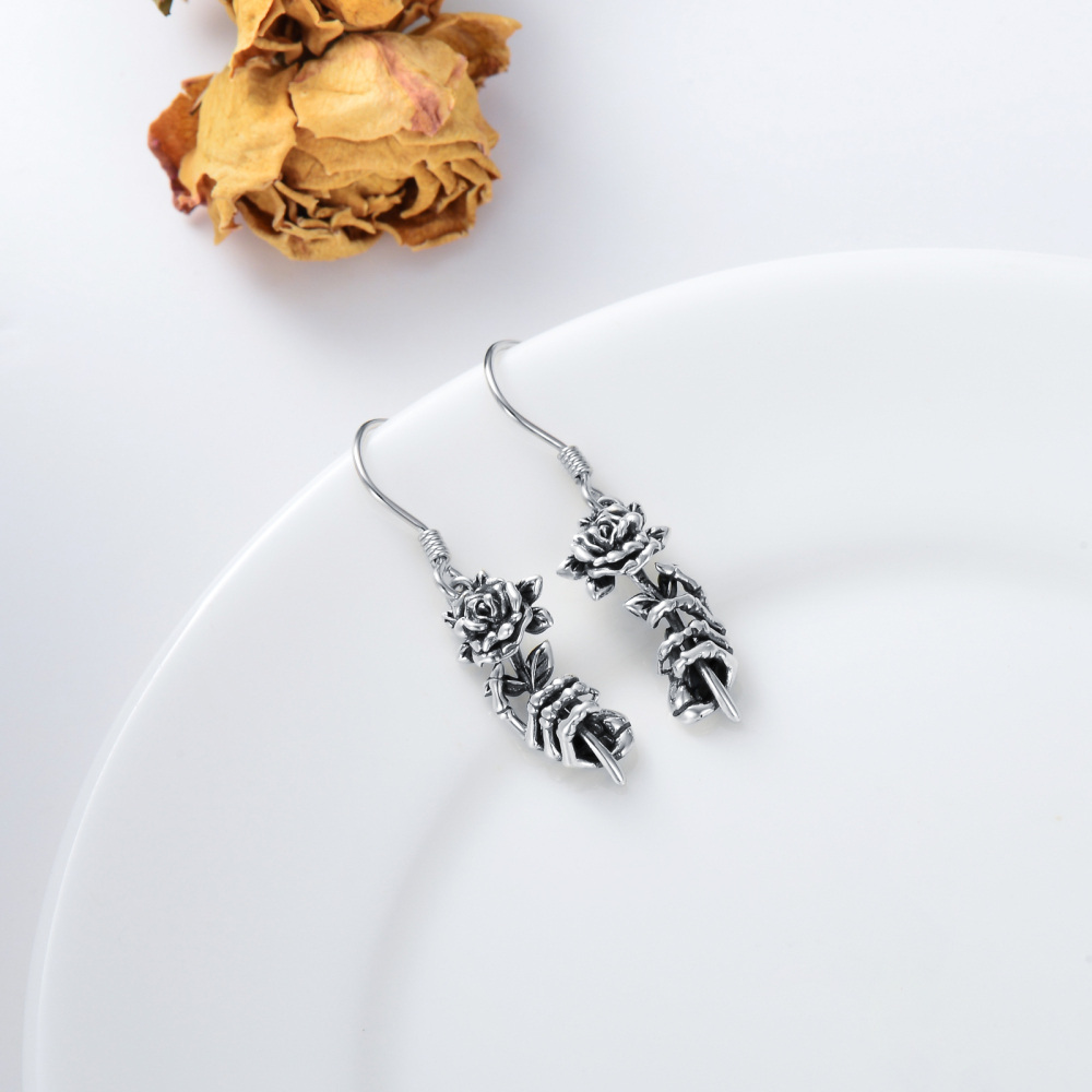 Sterling Silver Rose & Skull Drop Earrings-3