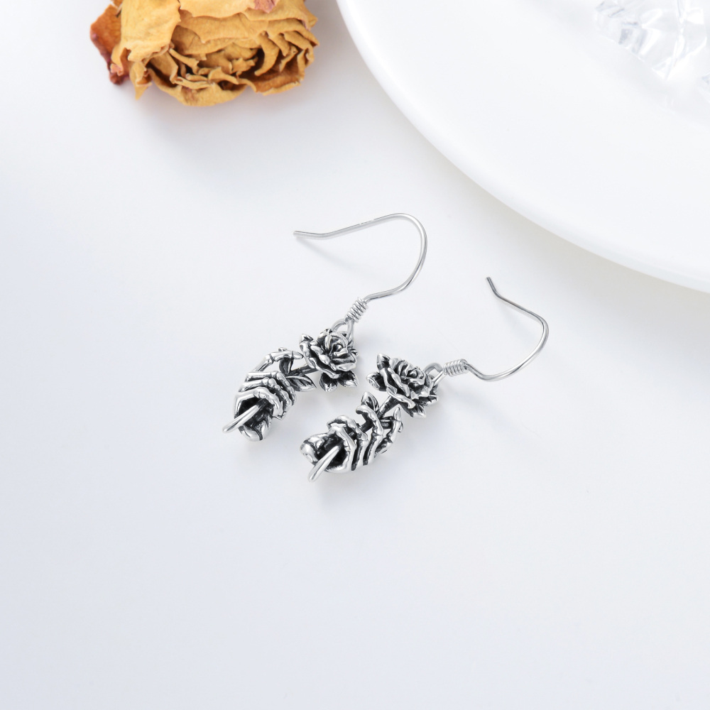 Sterling Silver Rose & Skull Drop Earrings-4