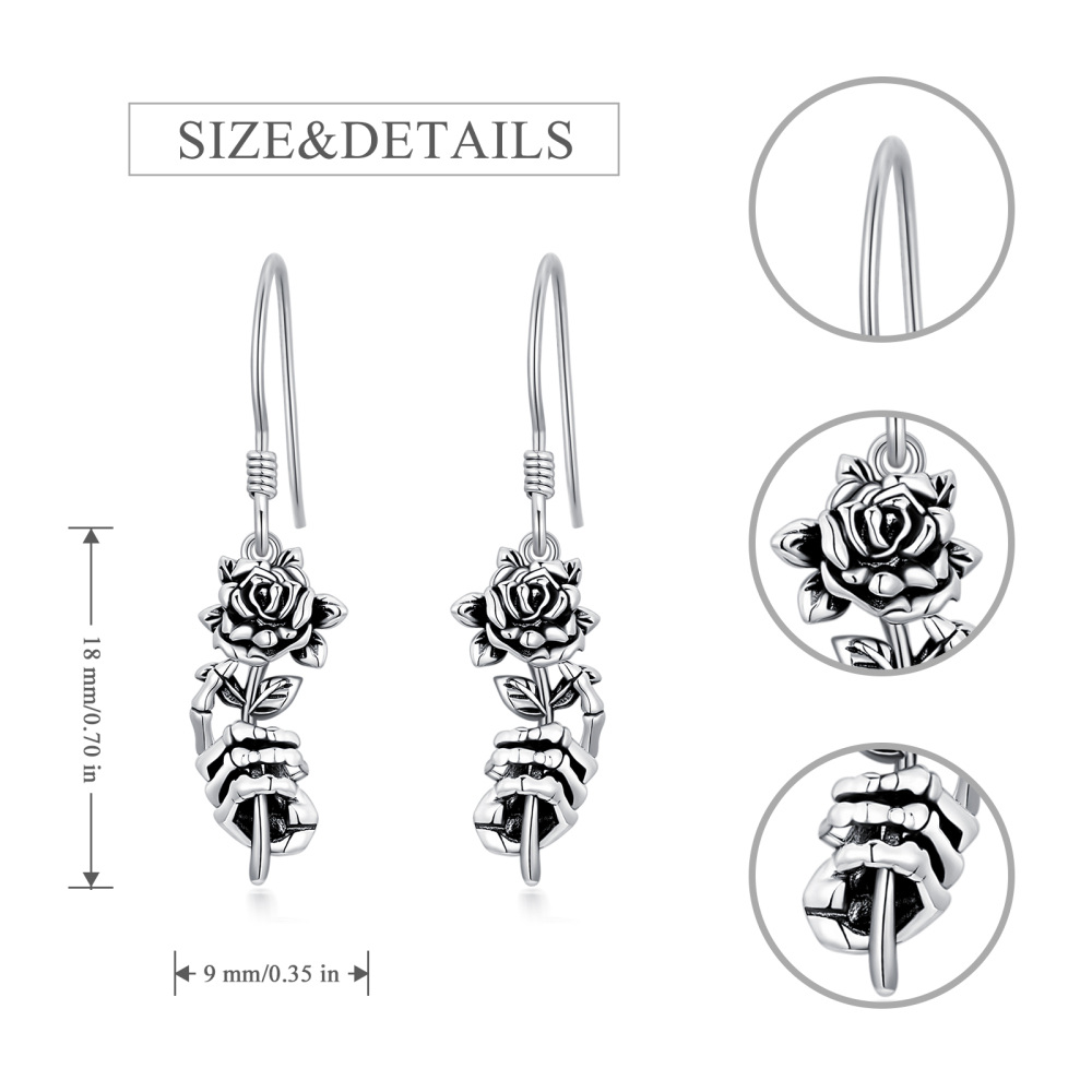 Sterling Silver Rose & Skull Drop Earrings-5