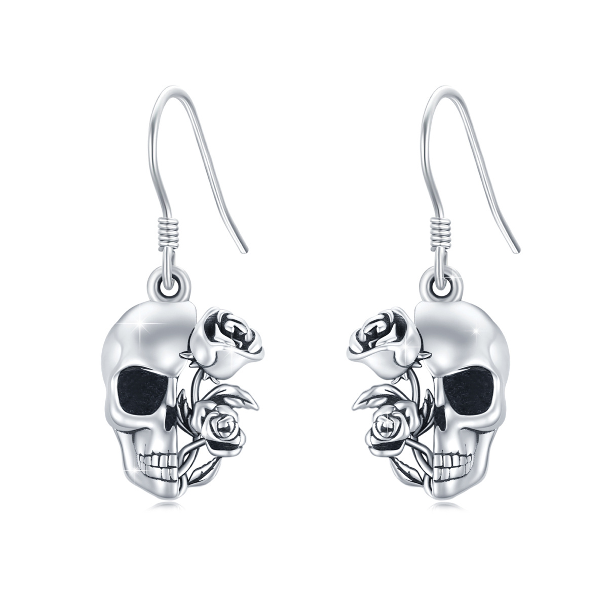 Sterling Silver Rose & Skull Drop Earrings-1