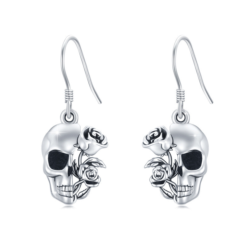 Pendientes de plata de ley con forma de rosa y calavera