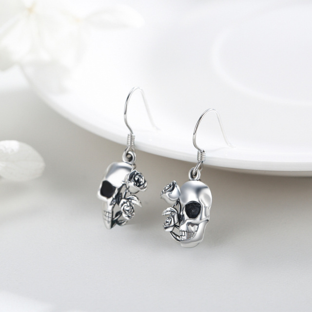 Sterling Silver Rose & Skull Drop Earrings-4