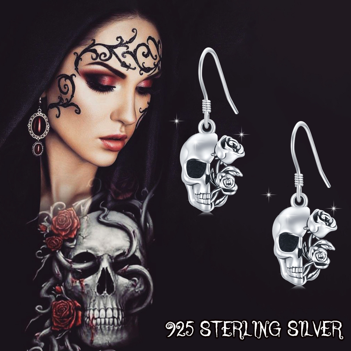 Pendientes de plata de ley con forma de rosa y calavera-5