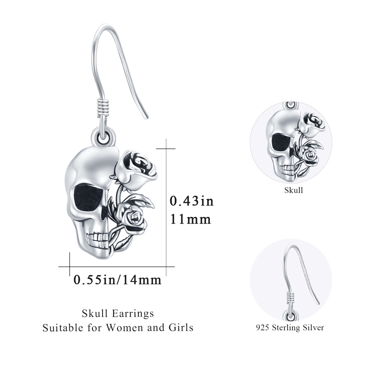 Sterling Silver Rose & Skull Drop Earrings-6