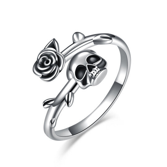 Anillo abierto con calavera y rosa de plata de ley