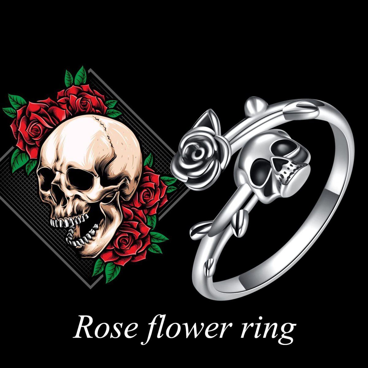 Bague ouverte tête de mort rose en argent sterling-3