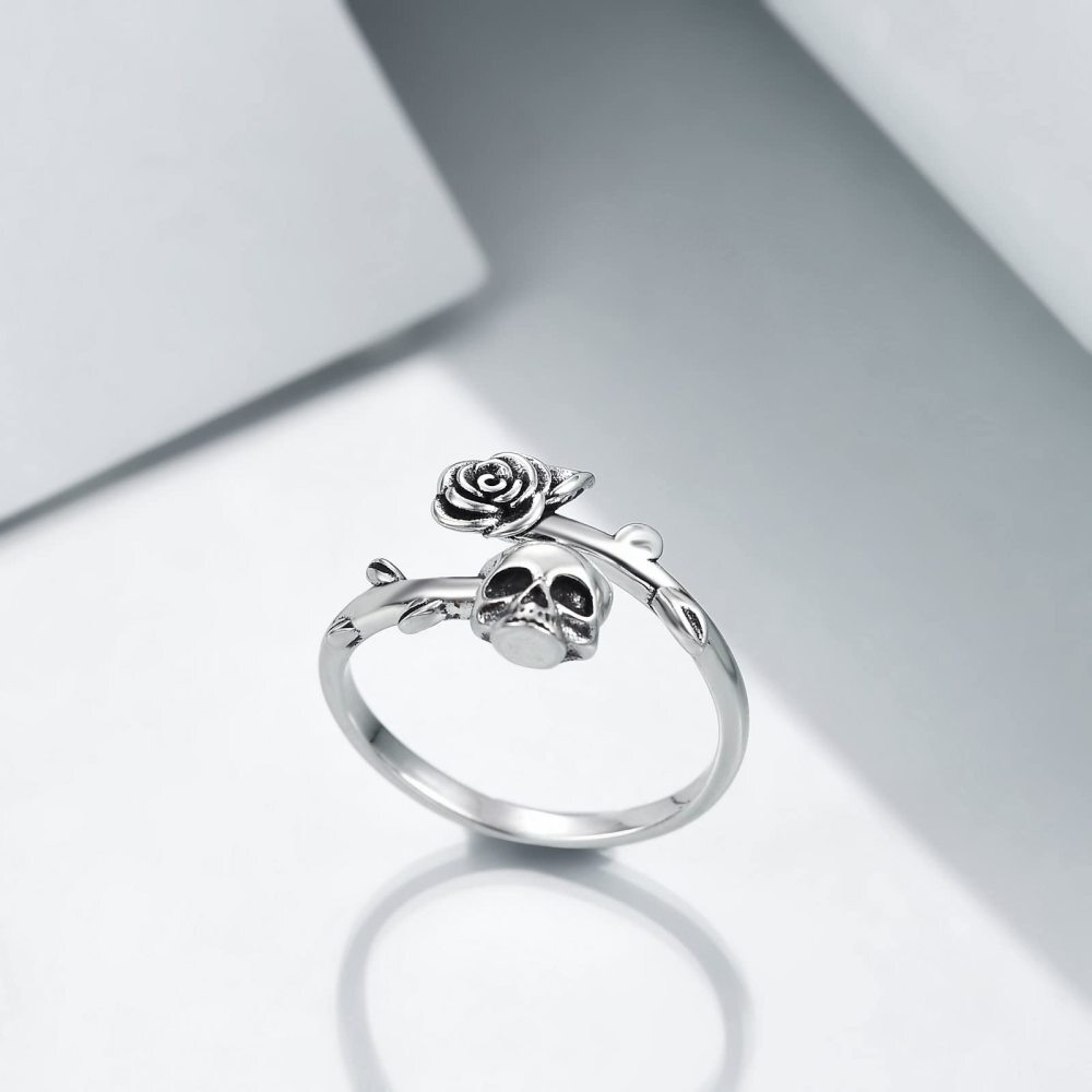 Sterling Silver Rose & Skull Open Ring-4