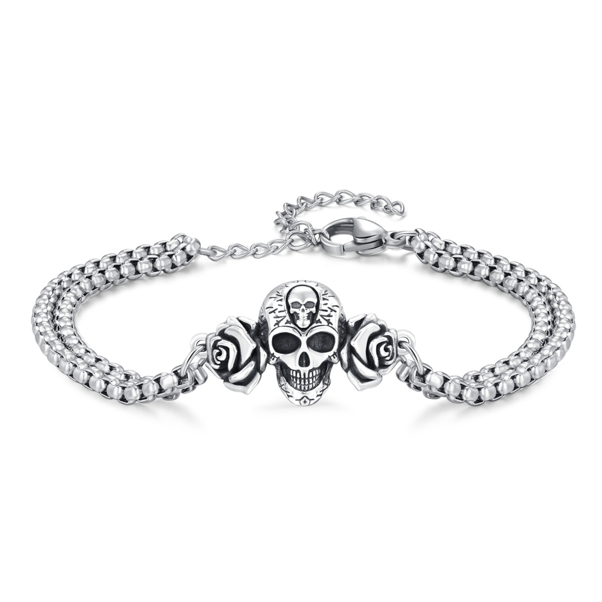 Pulsera de plata de ley con colgante de calavera y rosa-1