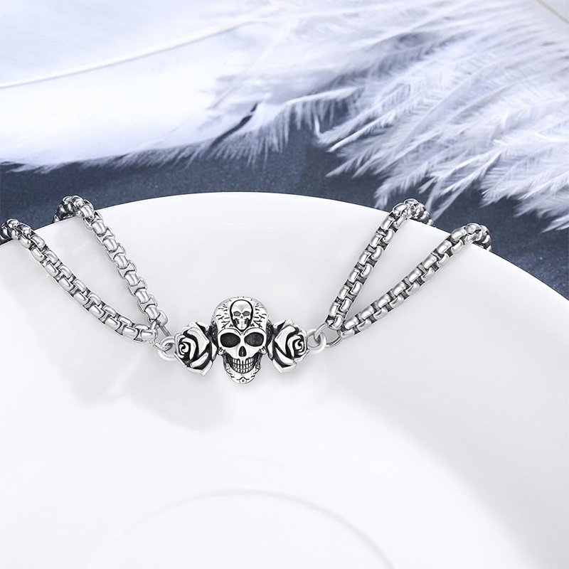 Pulseira com pingente de caveira rosa de prata esterlina-4