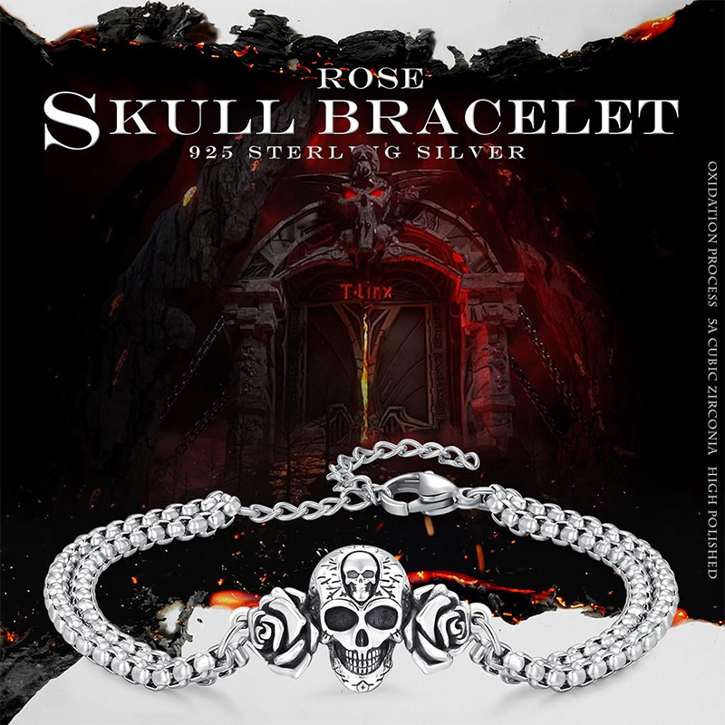 Bracelet pendentif tête de mort en argent sterling avec rose-5