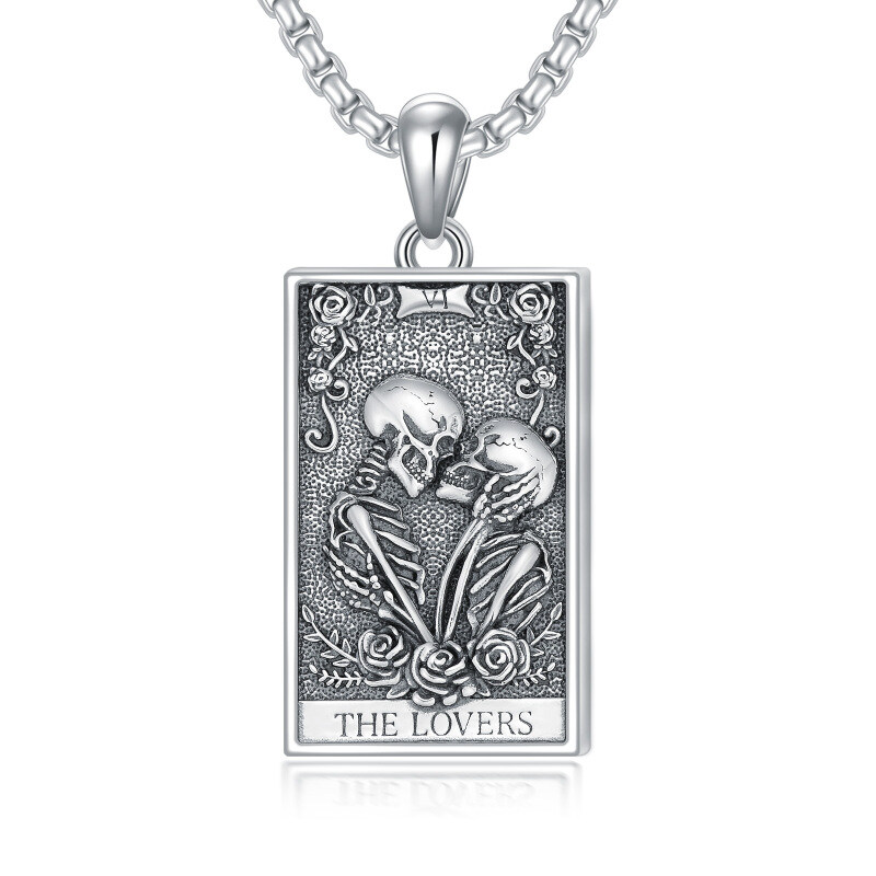 Sterling Silver Rose & Skull Pendant Necklace with Engraved Word-2