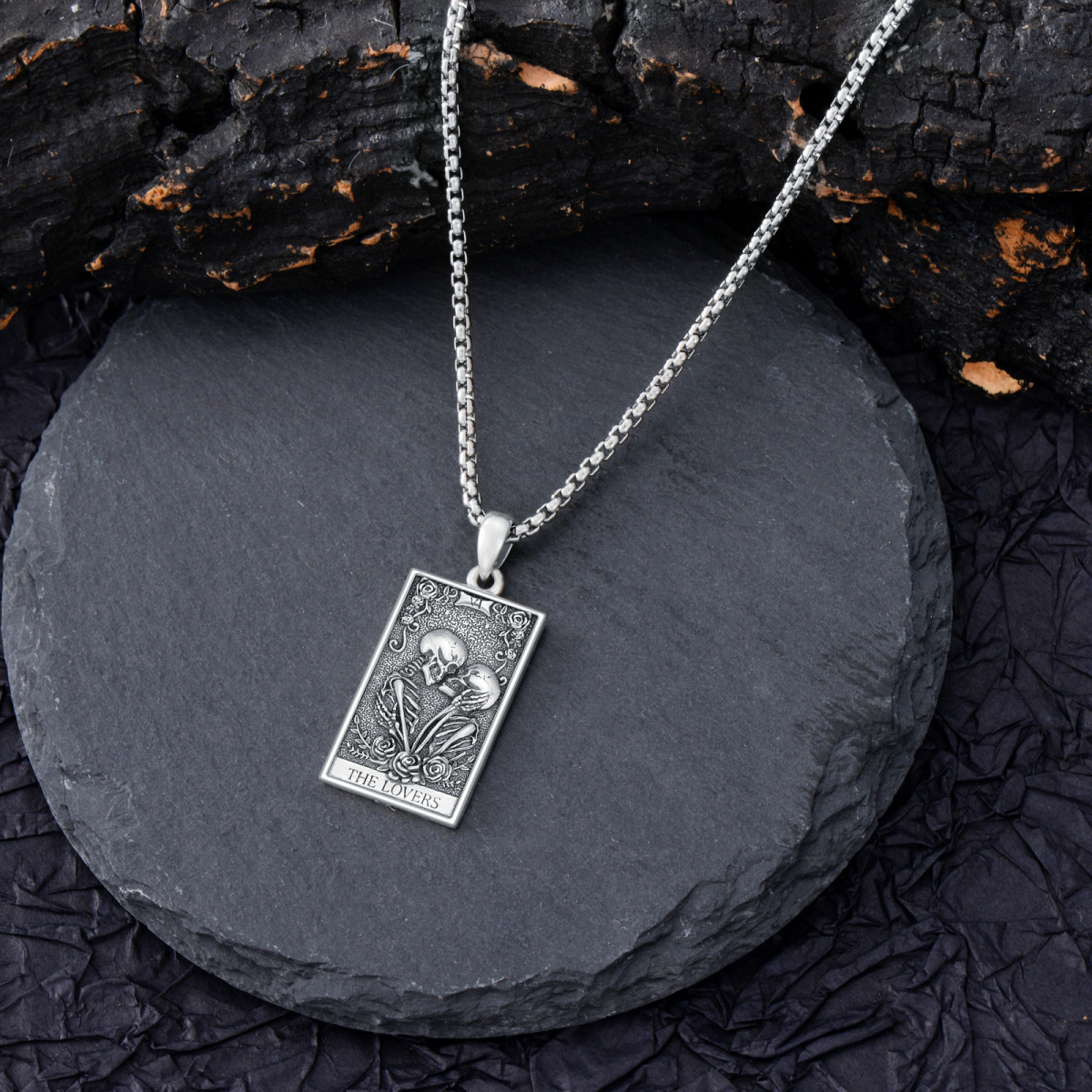 Sterling Silver Rose & Skull Pendant Necklace with Engraved Word-4