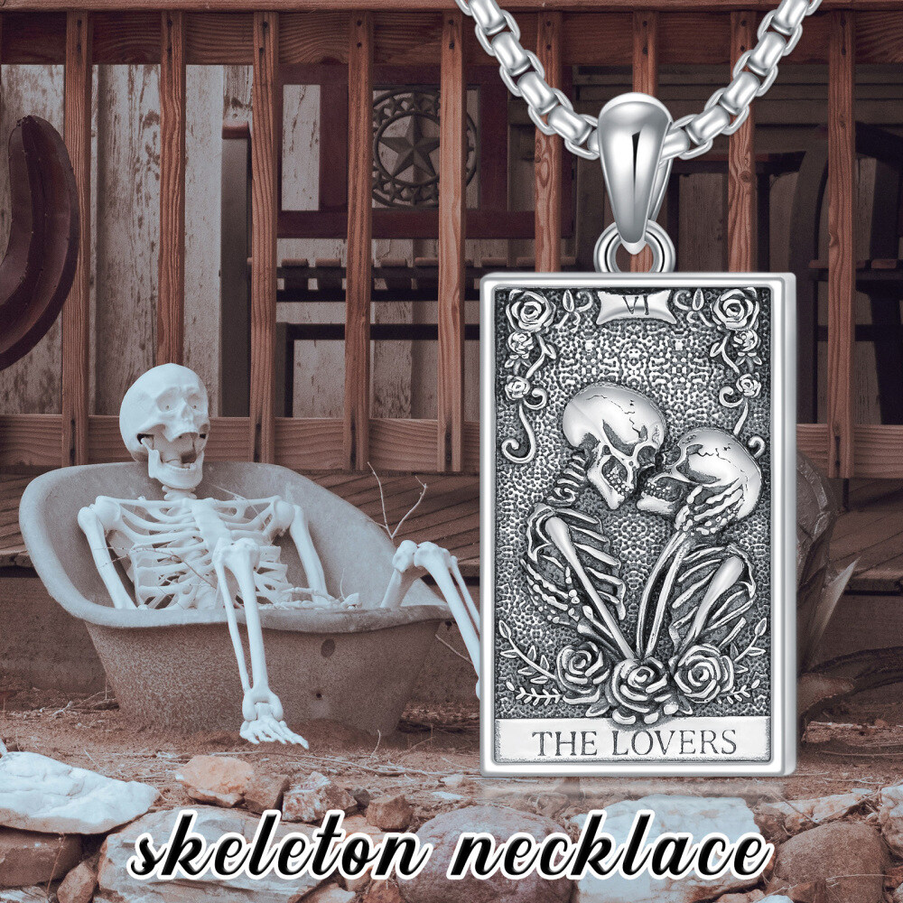 Sterling Silver Rose & Skull Pendant Necklace with Engraved Word-6