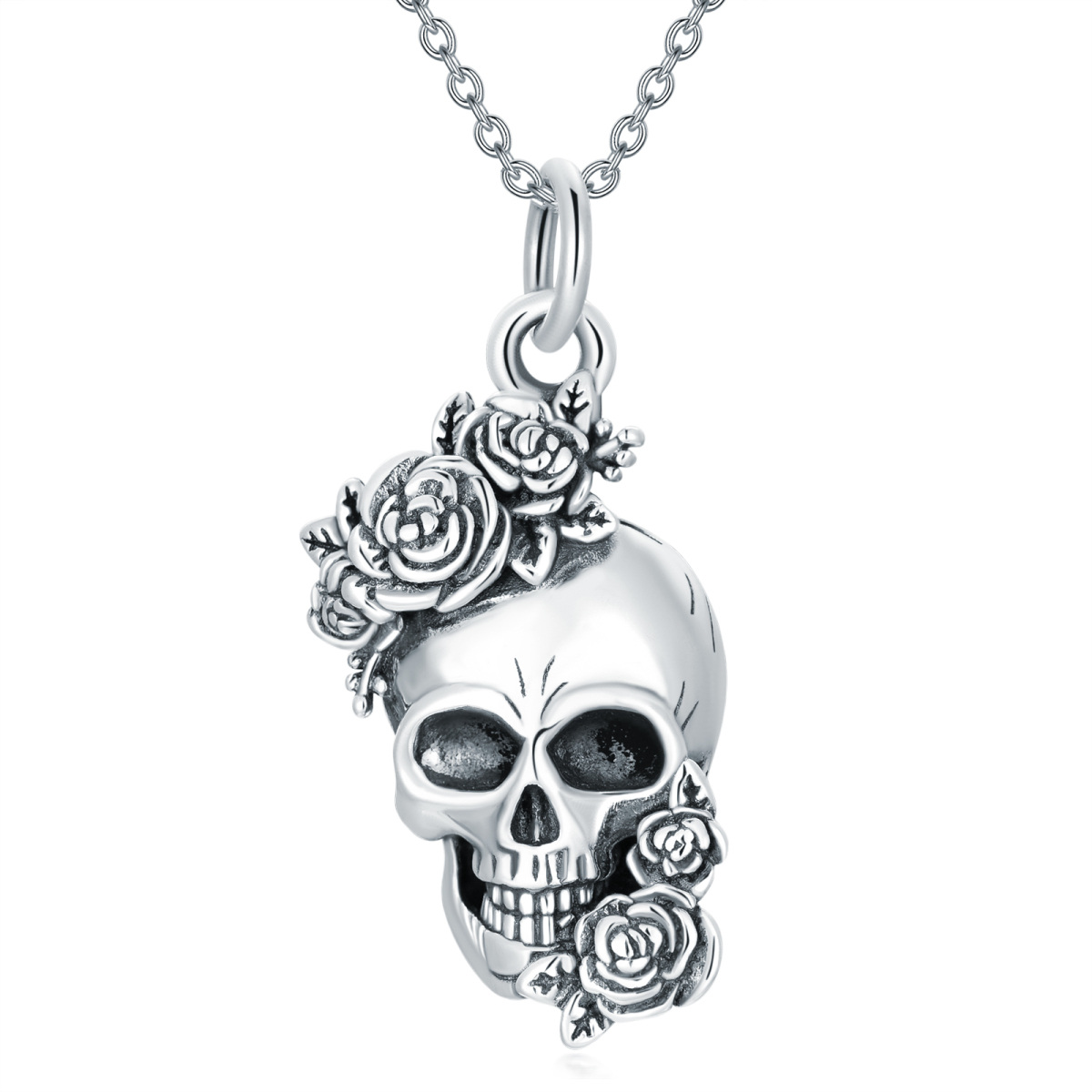 Colar Skull Rose em prata retrô como presente para mulheres com corrente de cabo-1