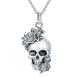 Sterling Silver Rose & Skull Pendant Necklace-38