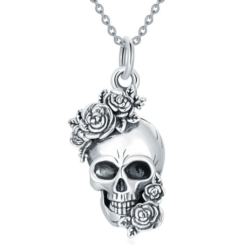 Sterling Silver Rose & Skull Pendant Necklace-4