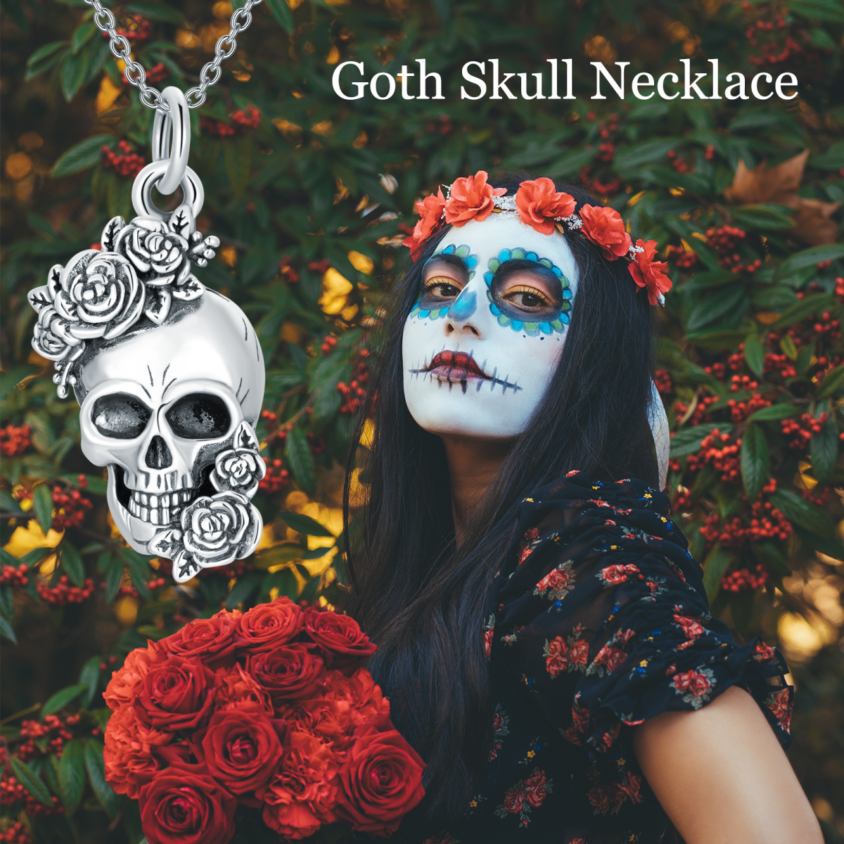 Colar Skull Rose em prata retrô como presente para mulheres com corrente de cabo-5