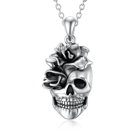 Halskette mit Totenkopf-Anhänger aus Sterlingsilber mit Rosenmotiv für Damen und Herren