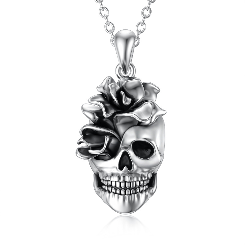Sterling Silver Rose & Skull Pendant Necklace for Women Men-5