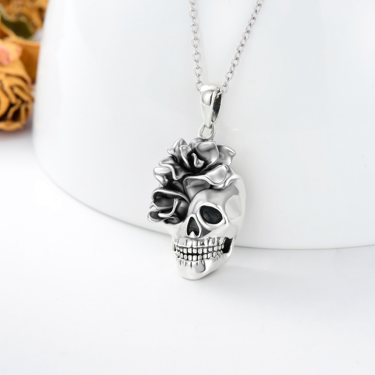 Sterling Silver Rose & Skull Pendant Necklace for Women Men-4