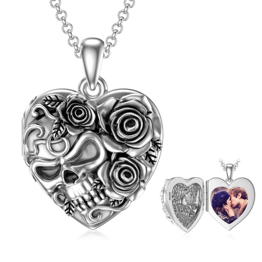 Sterling Silver Silver Retro Rose With Skull Personalized Photo Locket Necklace For Women-1