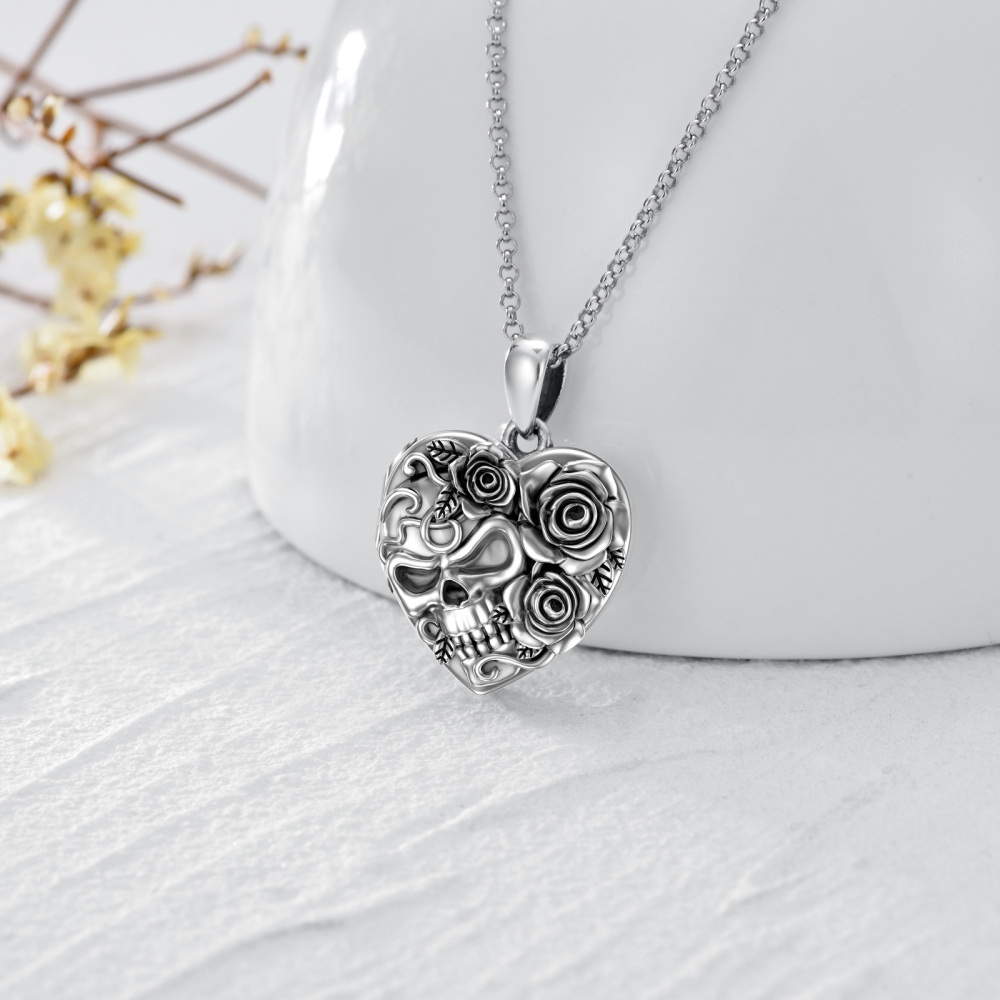 Sterling Silver Silver Retro Rose With Skull Personalized Photo Locket Necklace For Women-4