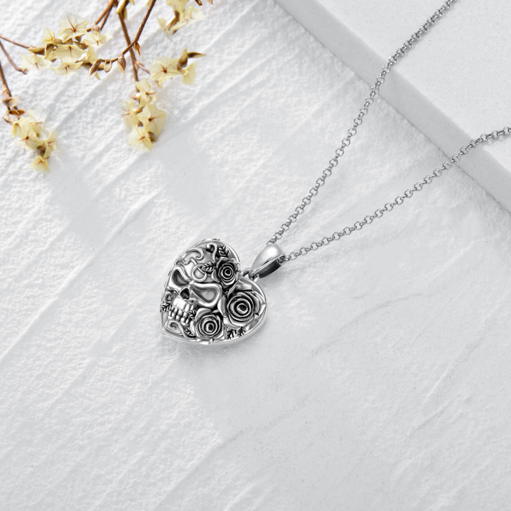 Sterling Silver Silver Retro Rose With Skull Personalized Photo Locket Necklace For Women-5