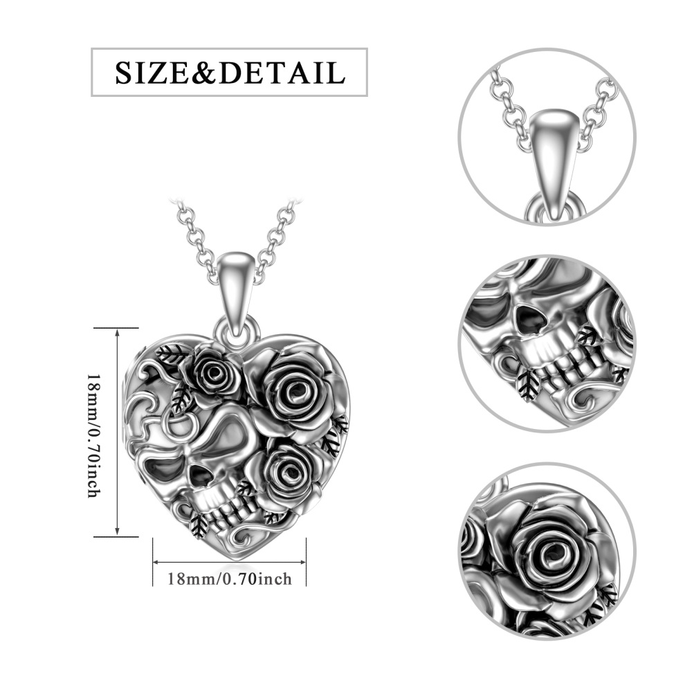 Sterling Silver Silver Retro Rose With Skull Personalized Photo Locket Necklace For Women-6