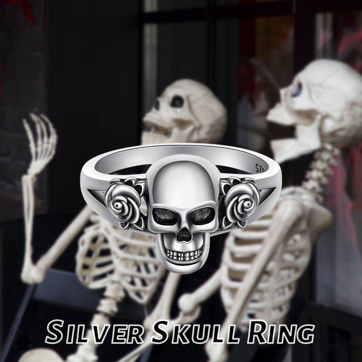 Sterling Silber Rose & Totenkopf Ring-5