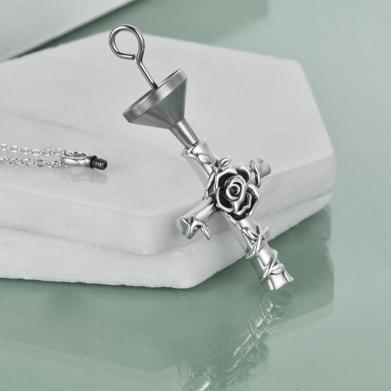 Urnen-Halskette aus Sterlingsilber mit Rosenmotiv für die Asche-3