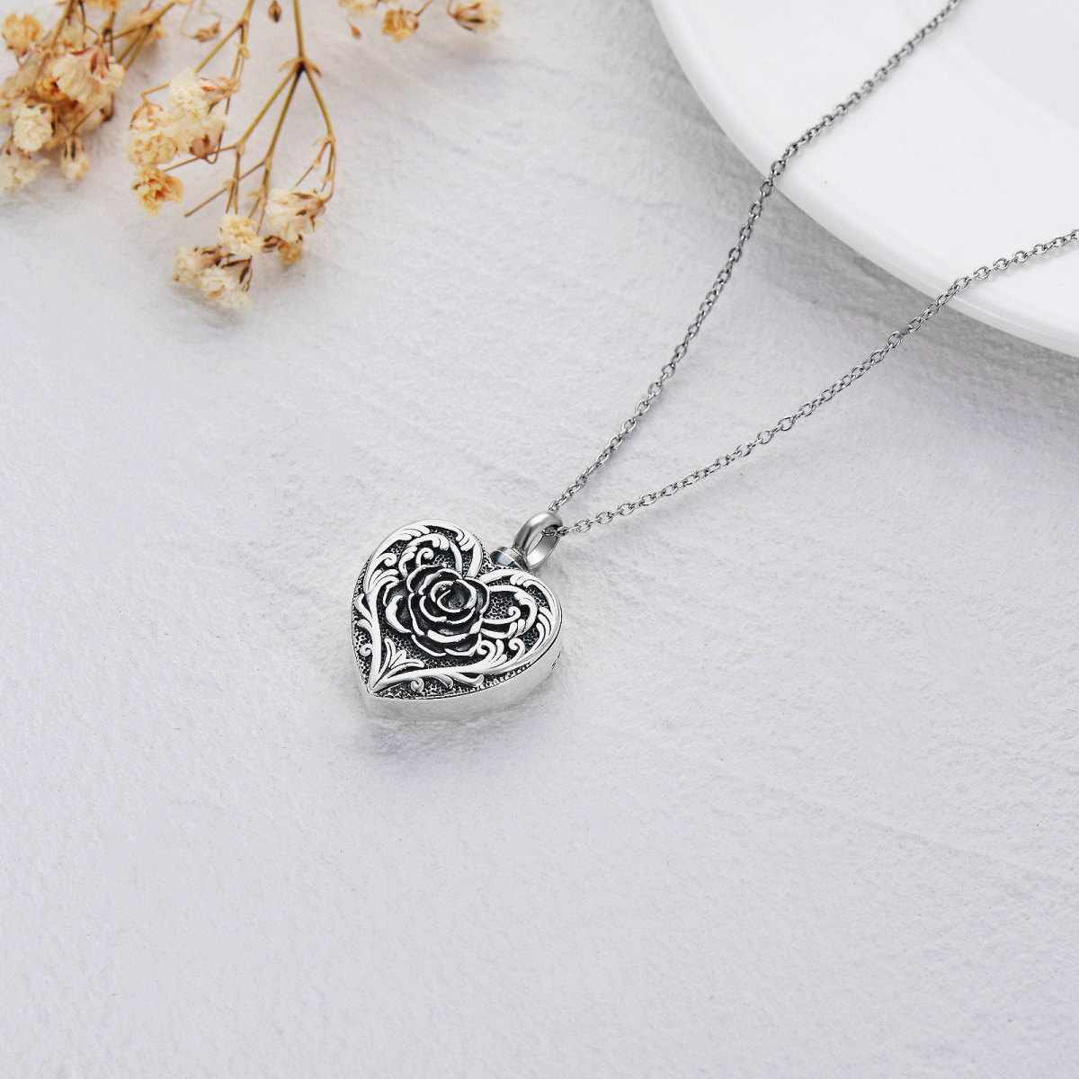 Sterling Silver Rose Urn Necklace for Ashes with Engraved Word-3