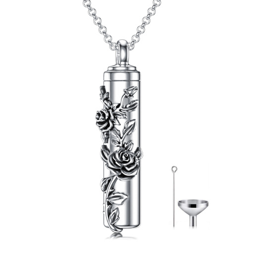 Sterling Silver Rose & Vertical Bar Urn Necklace for Ashes