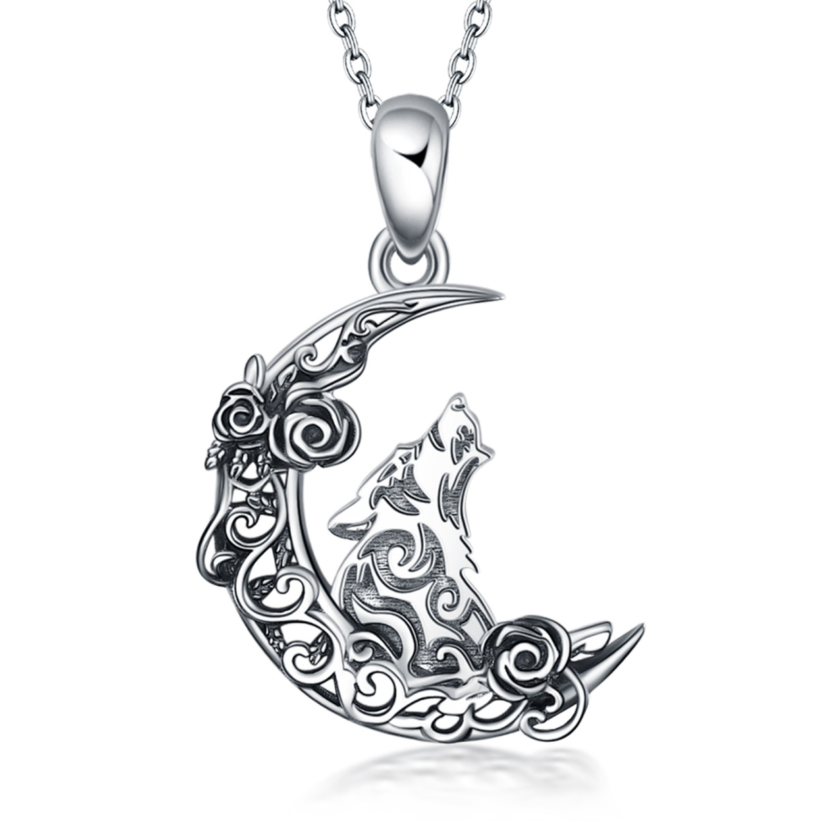 Collana con ciondolo a forma di lupo e luna in argento sterling rosa-1