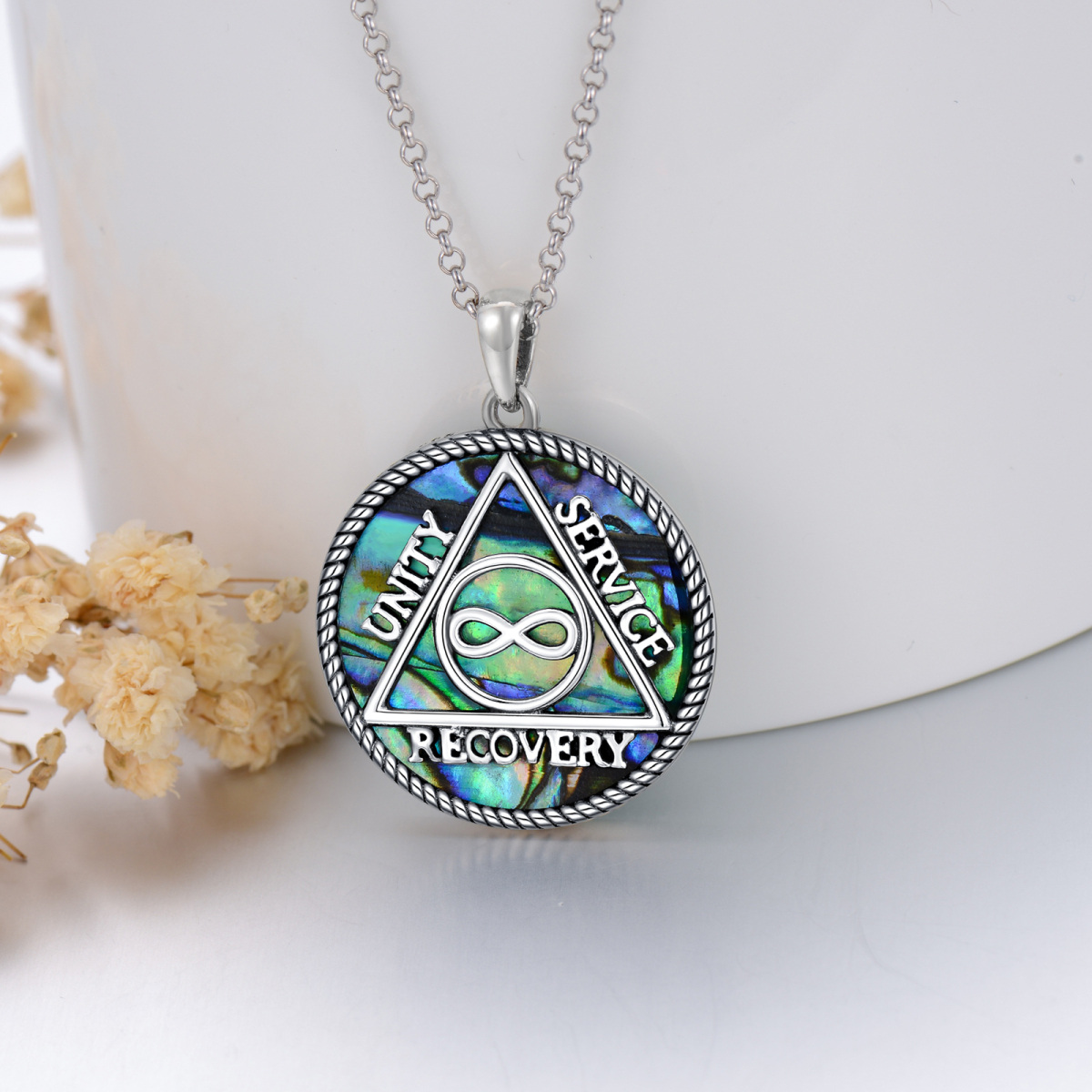 Sterling Silver Round Abalone Shellfish Alcoholics Anonymous Pendant Necklace-3