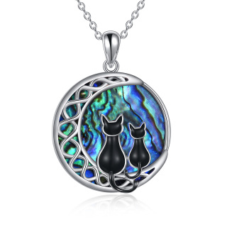 Sterling Silver Round Abalone Shellfish Cat & Moon Pendant Necklace-35