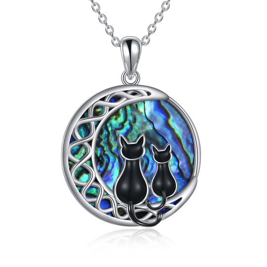 Sterling Silver Round Abalone Shellfish Cat & Moon Pendant Necklace