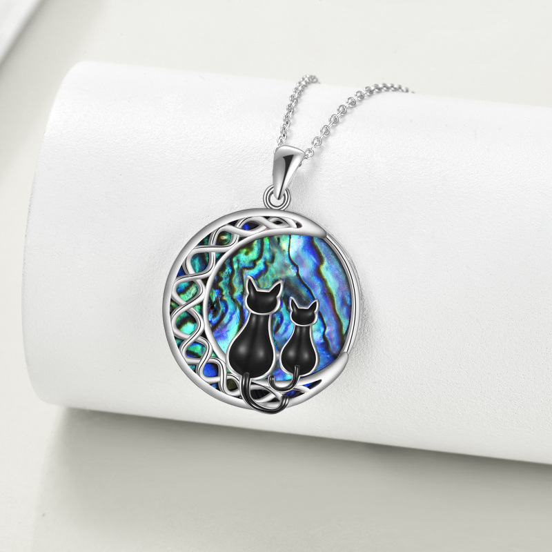 Sterling Silver Round Abalone Shellfish Cat & Moon Pendant Necklace-3