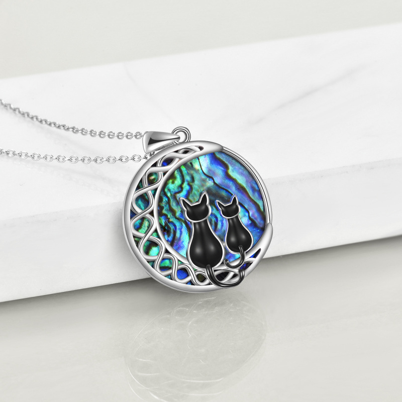 Sterling Silver Round Abalone Shellfish Cat & Moon Pendant Necklace-4