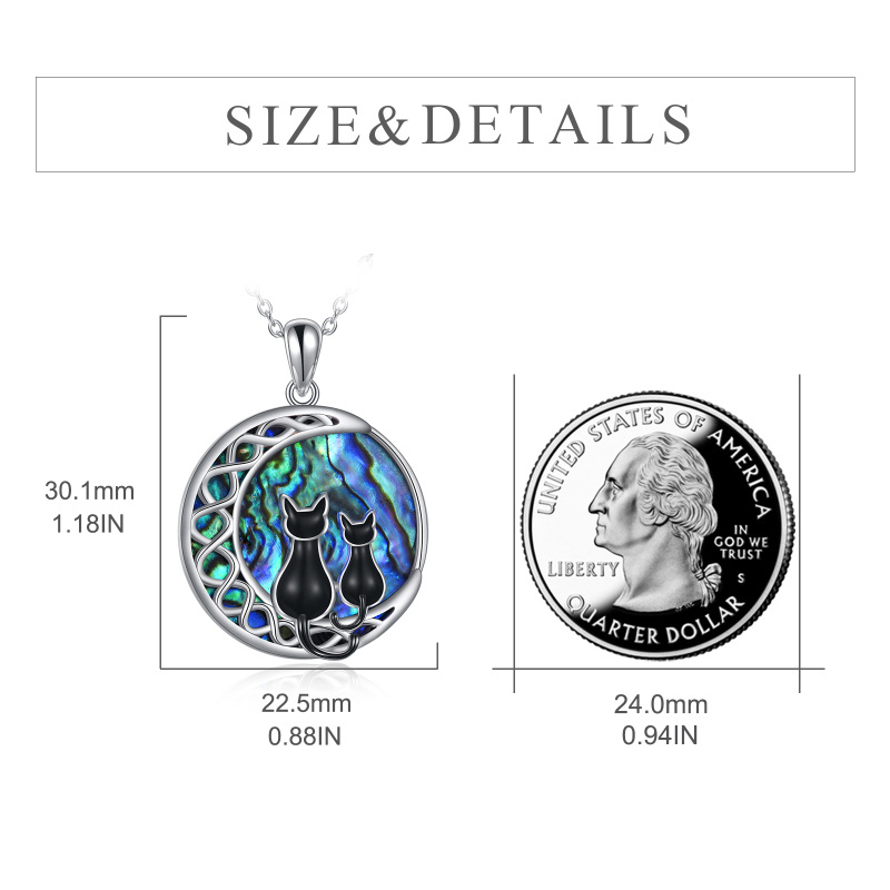 Sterling Silver Round Abalone Shellfish Cat & Moon Pendant Necklace-5