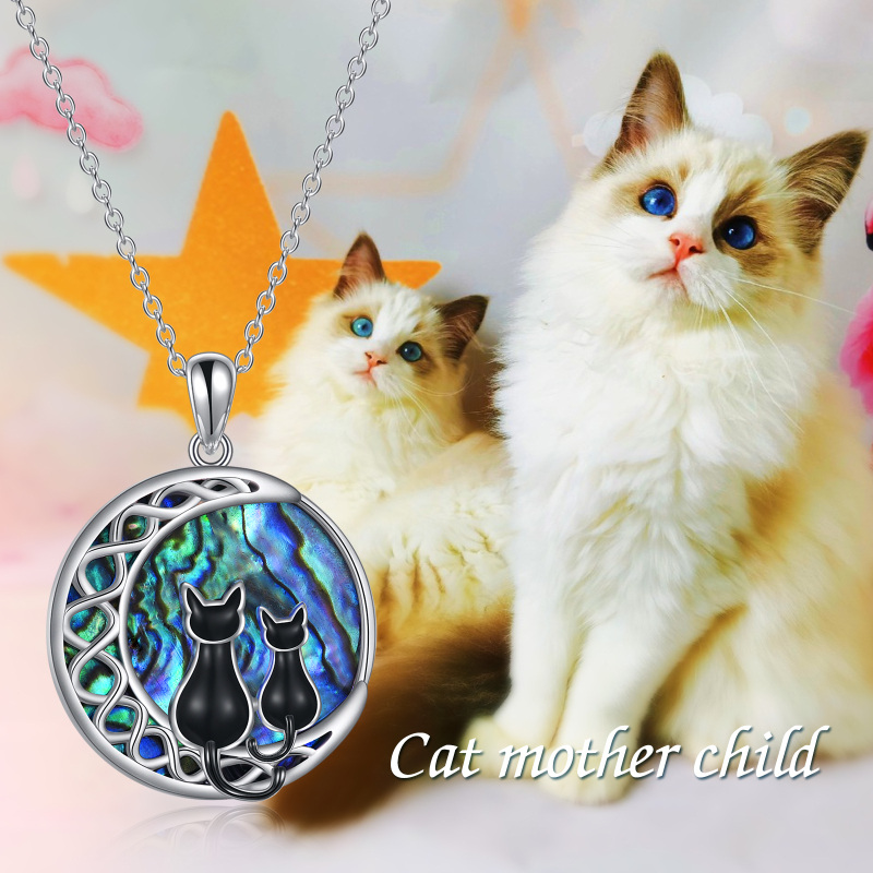 Sterling Silver Round Abalone Shellfish Cat & Moon Pendant Necklace-6