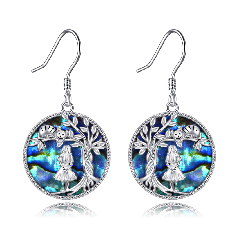 Boucles d'oreilles pendantes rondes en argent sterling avec ormeau, coquillages, arbre de vie et chat