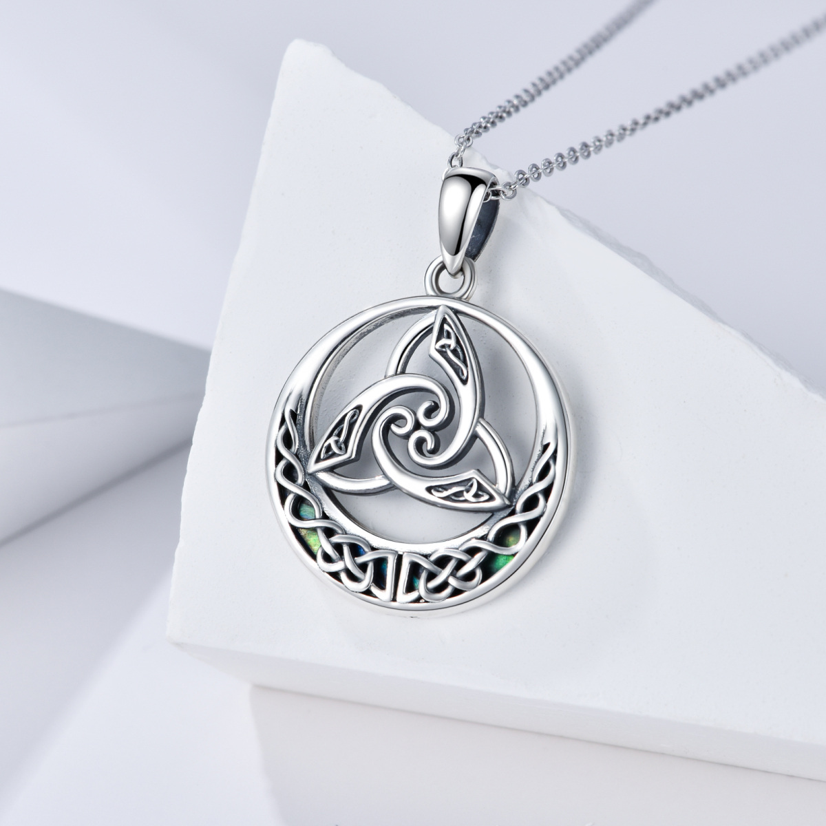 Sterling Silver Round Abalone Shellfish Celtic Knot Circle Pendant Necklace-3