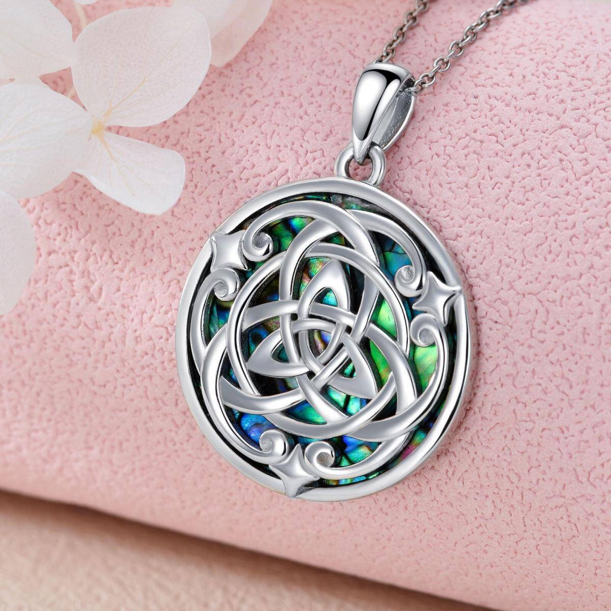 Sterling Silver Round Abalone Shellfish Celtic Knot Pendant Necklace-3