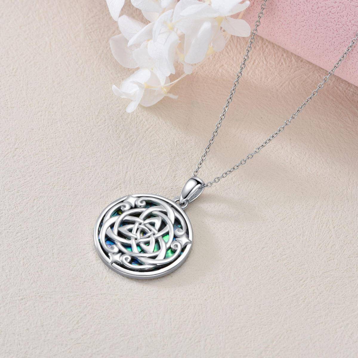 Sterling Silver Round Abalone Shellfish Celtic Knot Pendant Necklace-4