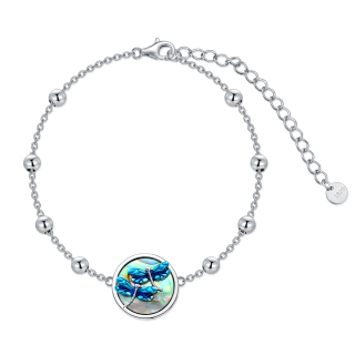 Sterling Silver Round Abalone Shellfish Dragonfly Pendant Bracelet-4