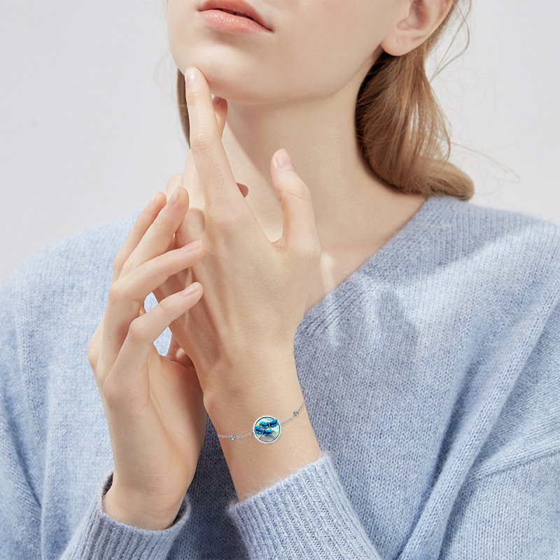 Sterling Silver Round Abalone Shellfish Dragonfly Charm Bracelet-2